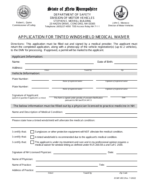 Form DSMV603 Application for Tinted Windshield Medical Waiver - New Hampshire