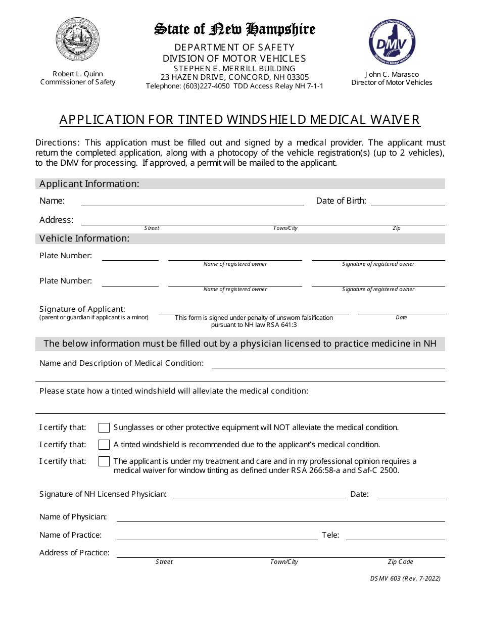 Form DSMV603 Application for Tinted Windshield Medical Waiver - New Hampshire, Page 1