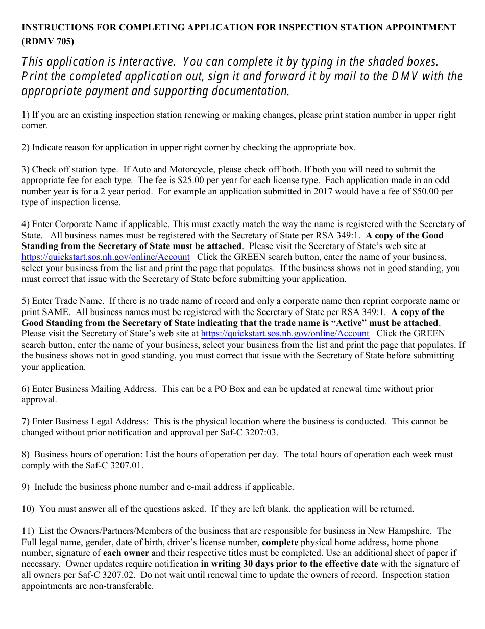 Form RDMV705 Application - Inspection Station Appointment - New Hampshire, Page 1