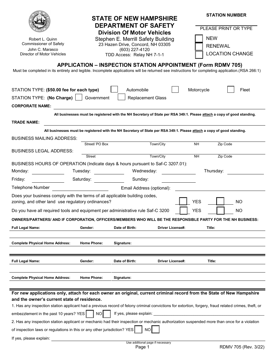Form RDMV705 Application - Inspection Station Appointment - New Hampshire, Page 3