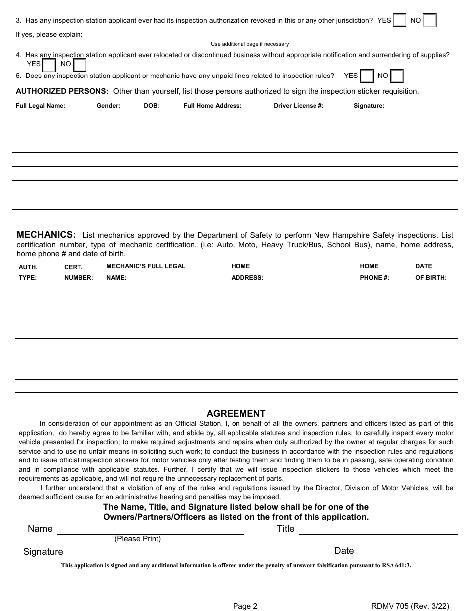 Form RDMV705 Application - Inspection Station Appointment - New Hampshire, Page 4