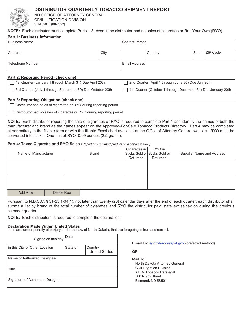 Form SFN62036 Distributor Quarterly Tobacco Shipment Report - North Dakota, Page 1