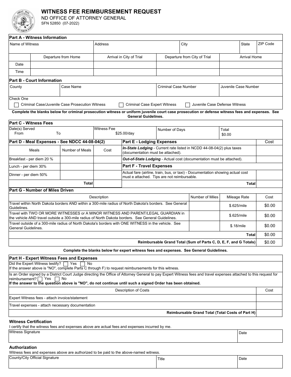 Witness Expenses Form.pdf Form SFN52850 - Fill Out, Sign Online and Download Fillable PDF, North ...