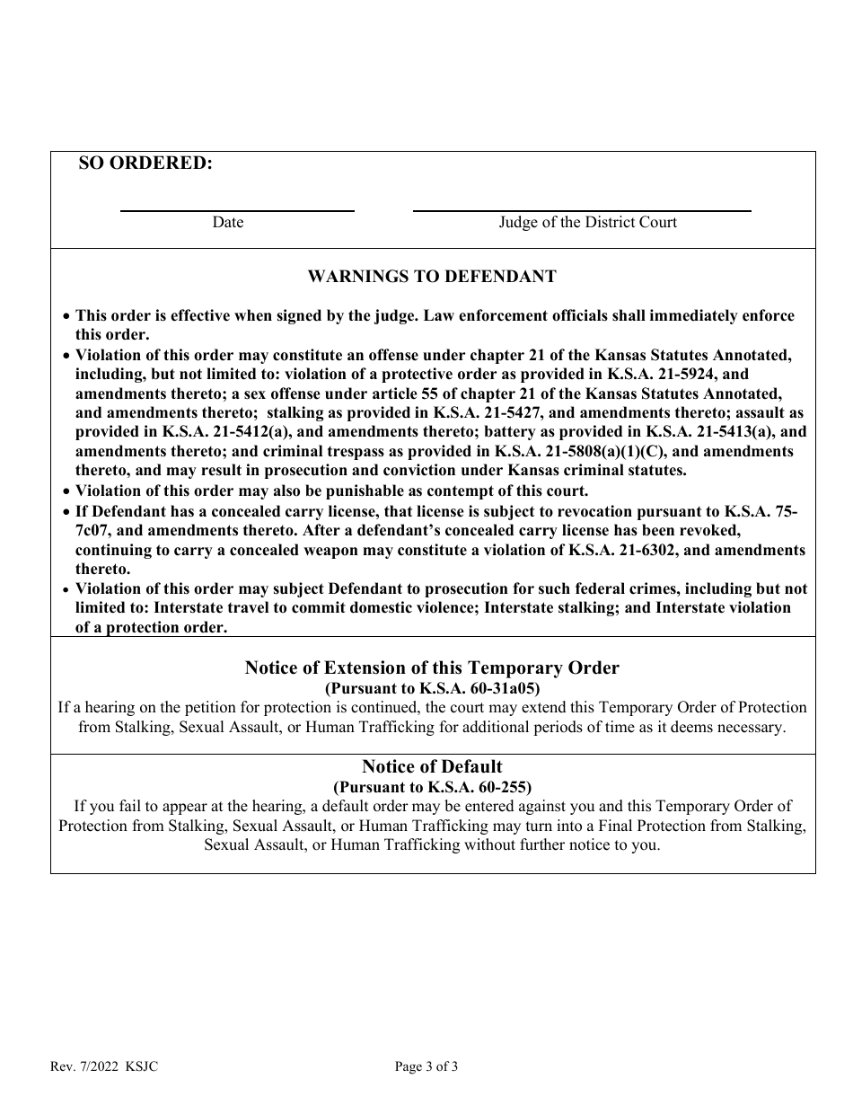 Temporary Order of Protection From Stalking, Sexual Assault, or Human Trafficking - Kansas, Page 3