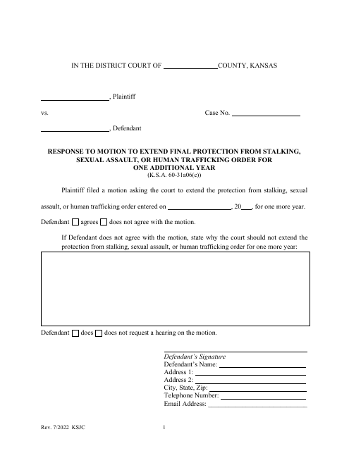 Response to Motion to Extend Final Protection From Stalking, Sexual Assault, or Human Trafficking Order for One Additional Year - Kansas Download Pdf