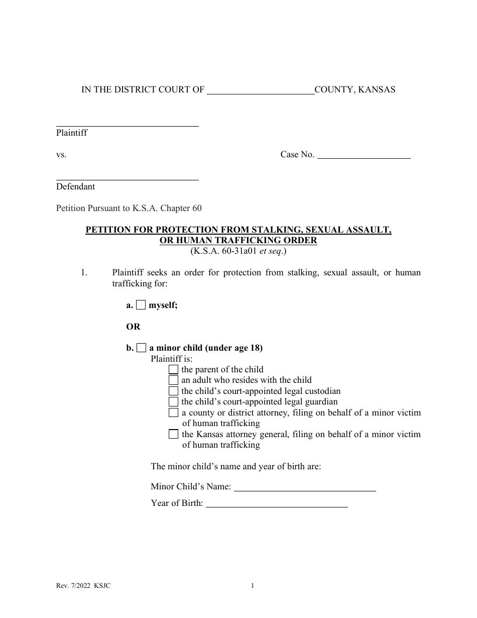 Petition for Protection From Stalking, Sexual Assault, or Human Trafficking Order - Kansas, Page 1