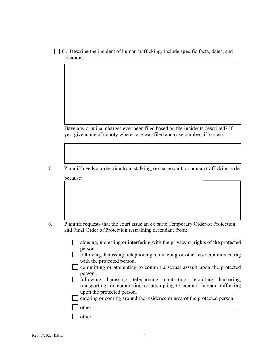Kansas Petition for Protection From Stalking, Sexual Assault, or Human