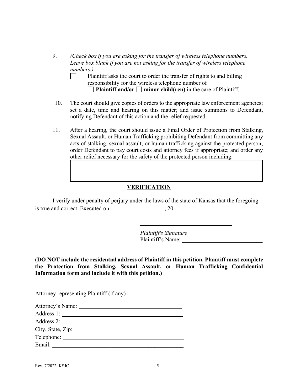 Petition for Protection From Stalking, Sexual Assault, or Human Trafficking Order - Kansas, Page 5