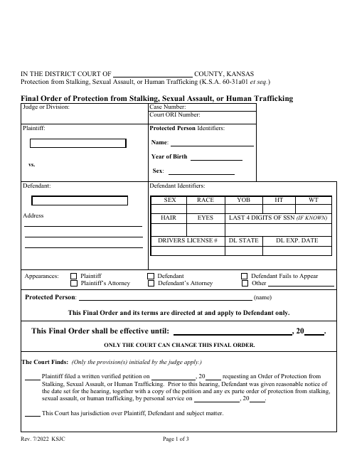 Final Order of Protection From Stalking, Sexual Assault, or Human Trafficking - Kansas Download Pdf