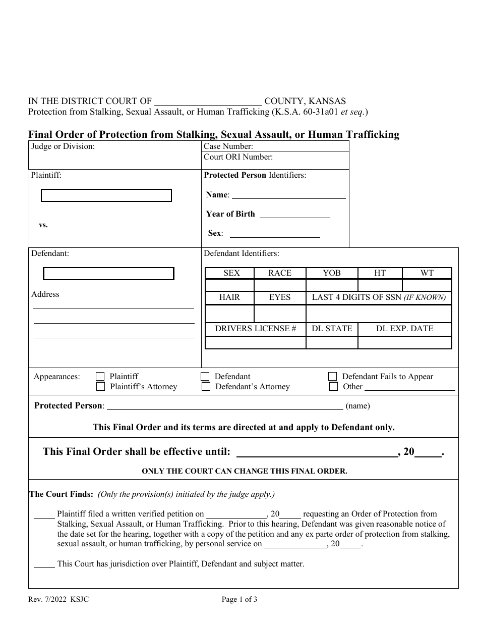 Final Order of Protection From Stalking, Sexual Assault, or Human Trafficking - Kansas, Page 1