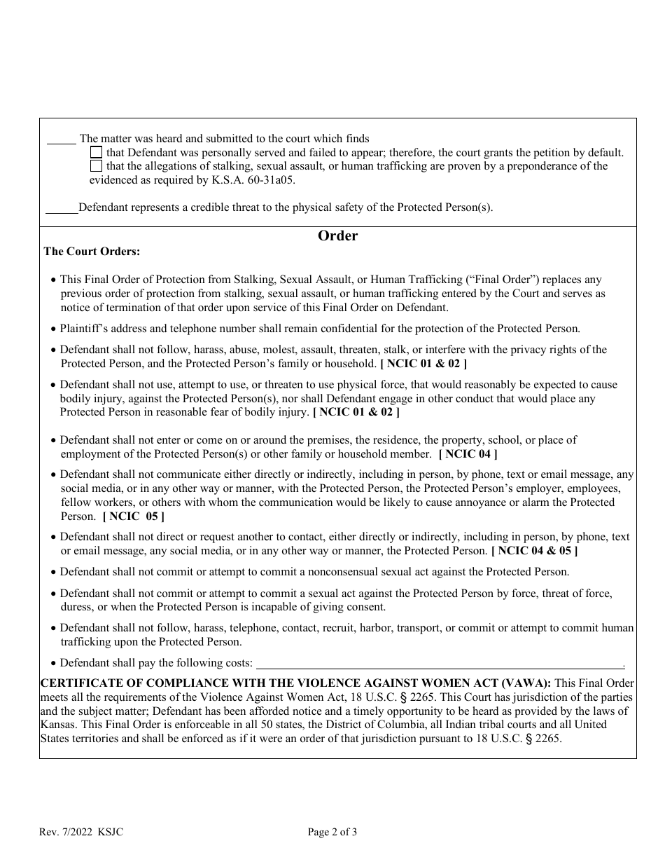 Final Order of Protection From Stalking, Sexual Assault, or Human Trafficking - Kansas, Page 2