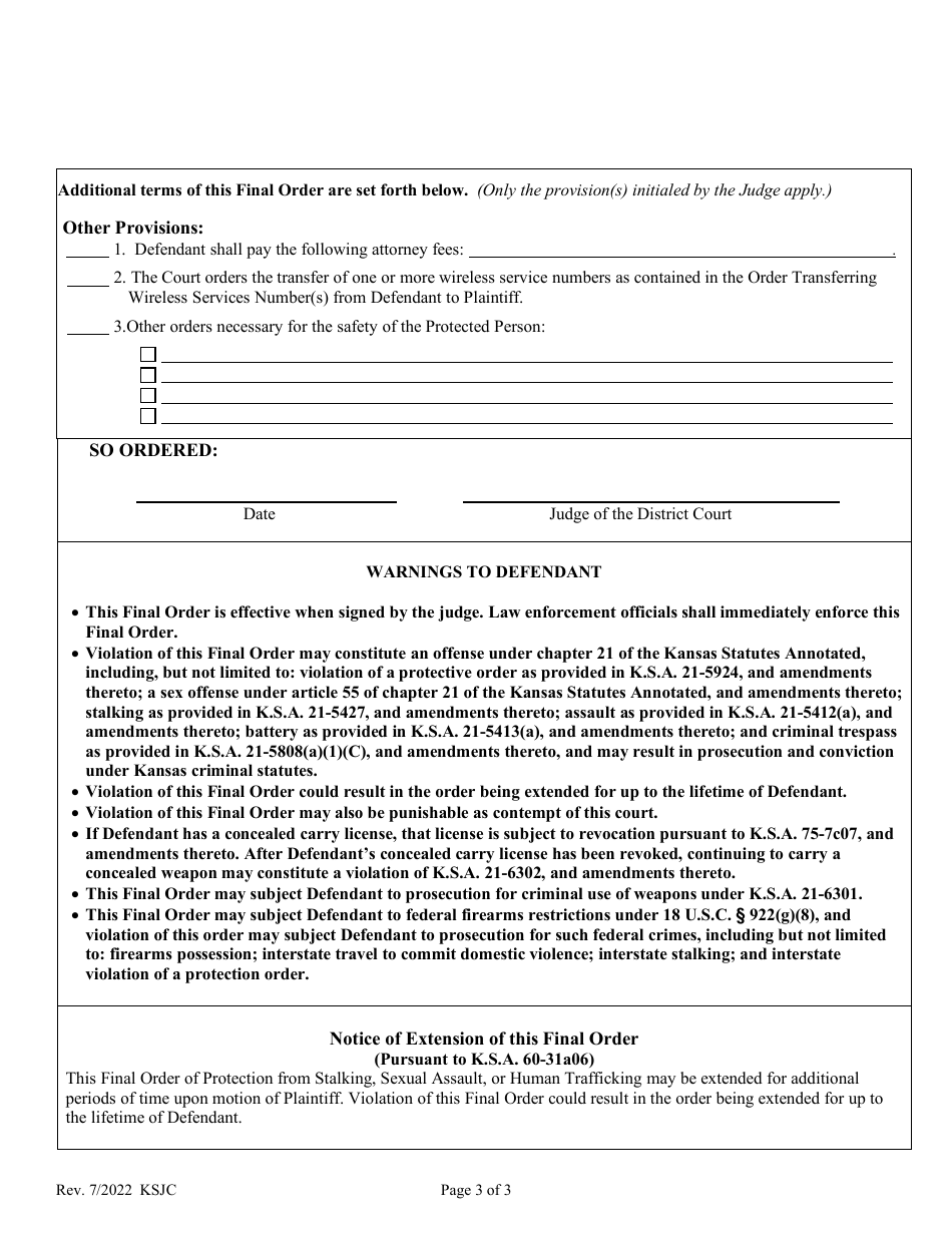 Final Order of Protection From Stalking, Sexual Assault, or Human Trafficking - Kansas, Page 3