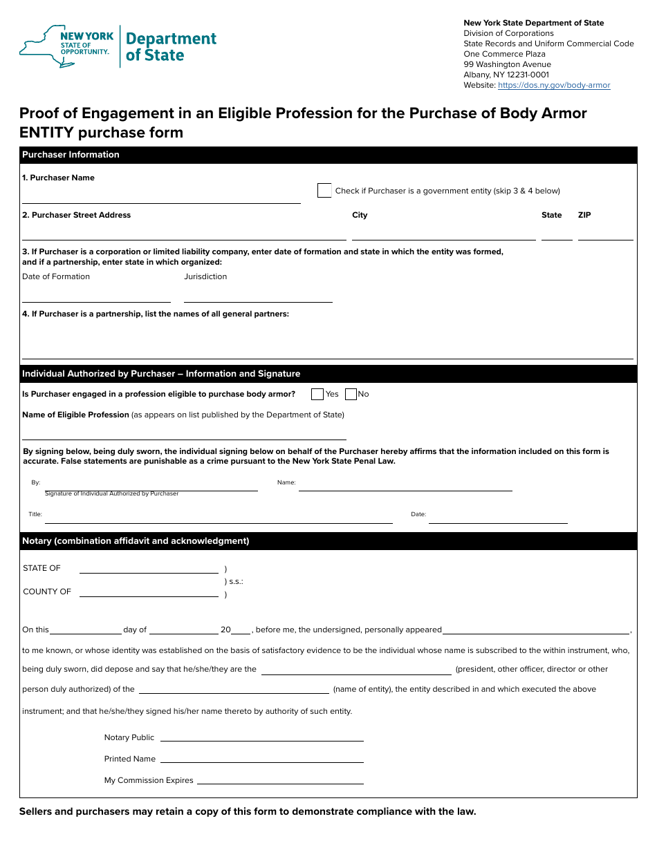 Proof of Engagement in an Eligible Profession for the Purchase of Body Armor Entity Purchase Form - New York, Page 1