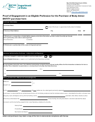 Document preview: Proof of Engagement in an Eligible Profession for the Purchase of Body Armor Entity Purchase Form - New York
