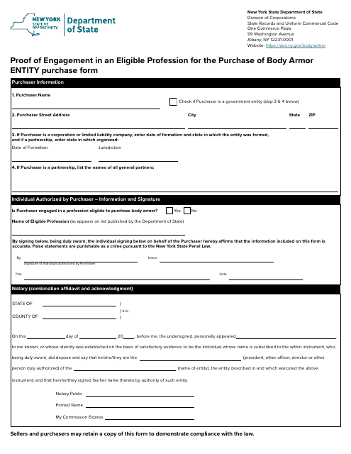 Proof of Engagement in an Eligible Profession for the Purchase of Body Armor Entity Purchase Form - New York Download Pdf