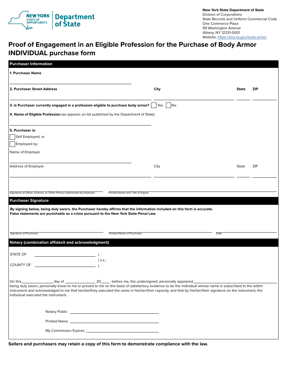 Proof of Engagement in an Eligible Profession for the Purchase of Body Armor Individual Purchase Form - New York, Page 1