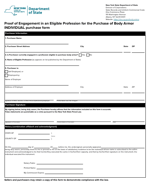Proof of Engagement in an Eligible Profession for the Purchase of Body Armor Individual Purchase Form - New York Download Pdf