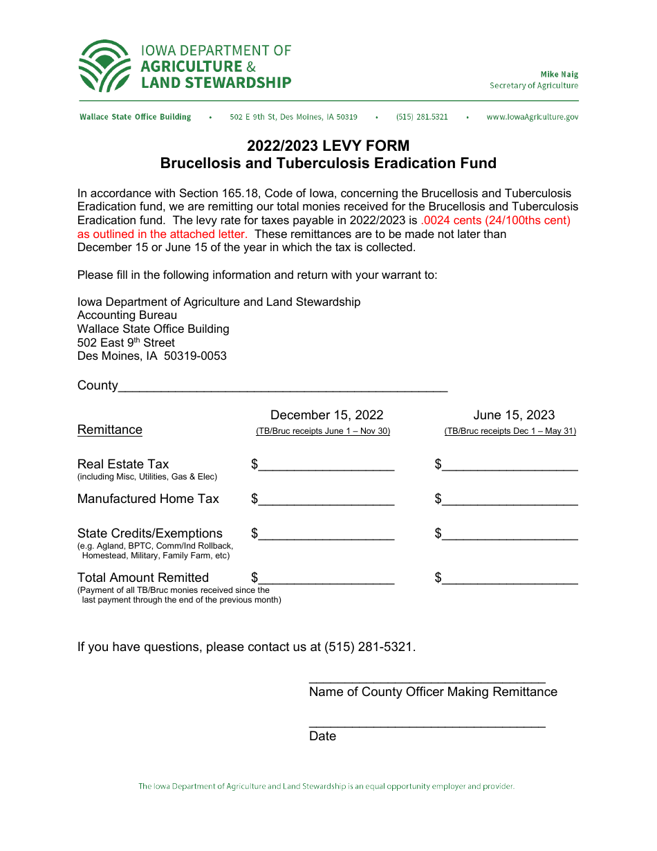 Levy Form - Brucellosis and Tuberculosis Eradication Fund - Iowa, Page 1