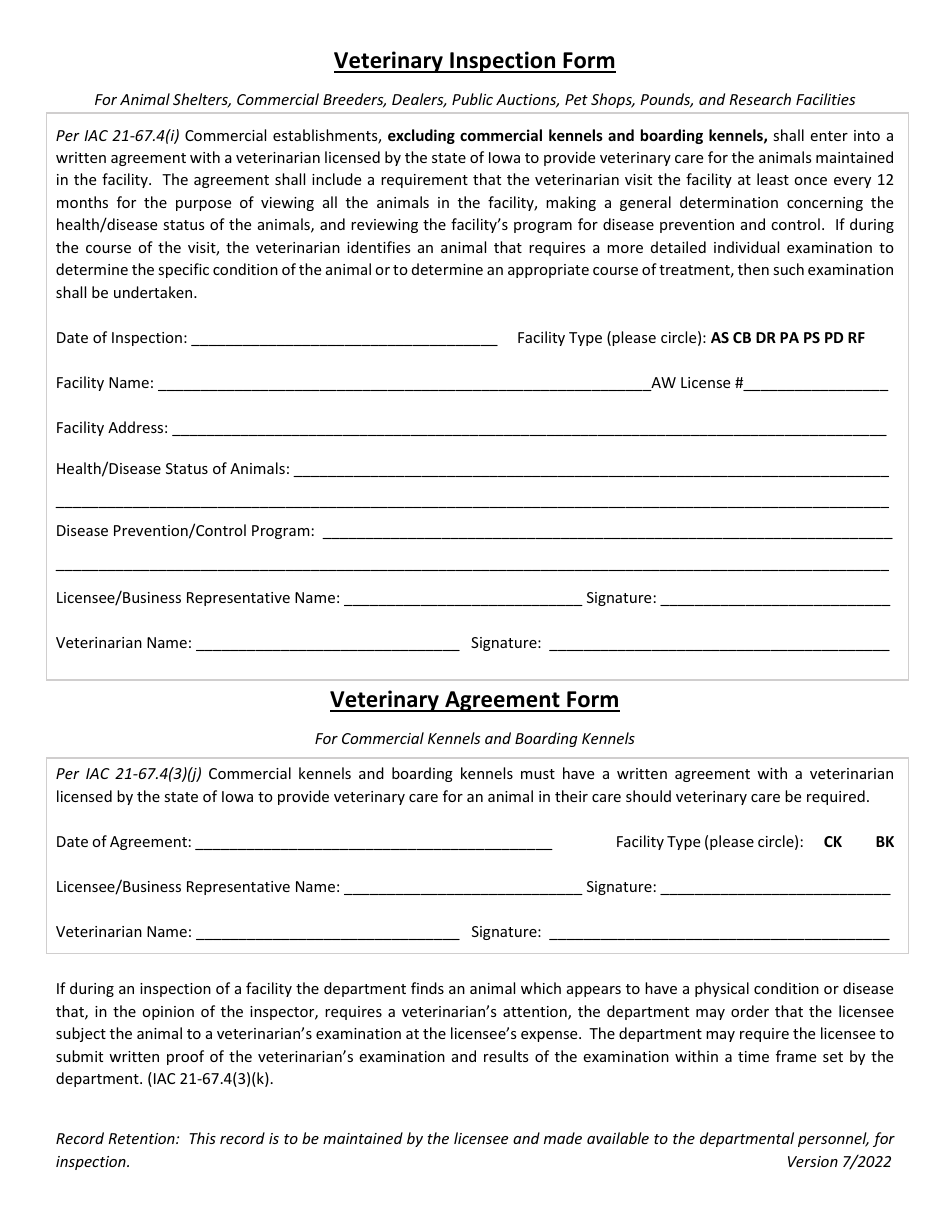 Veterinary Inspection Form - Iowa, Page 1