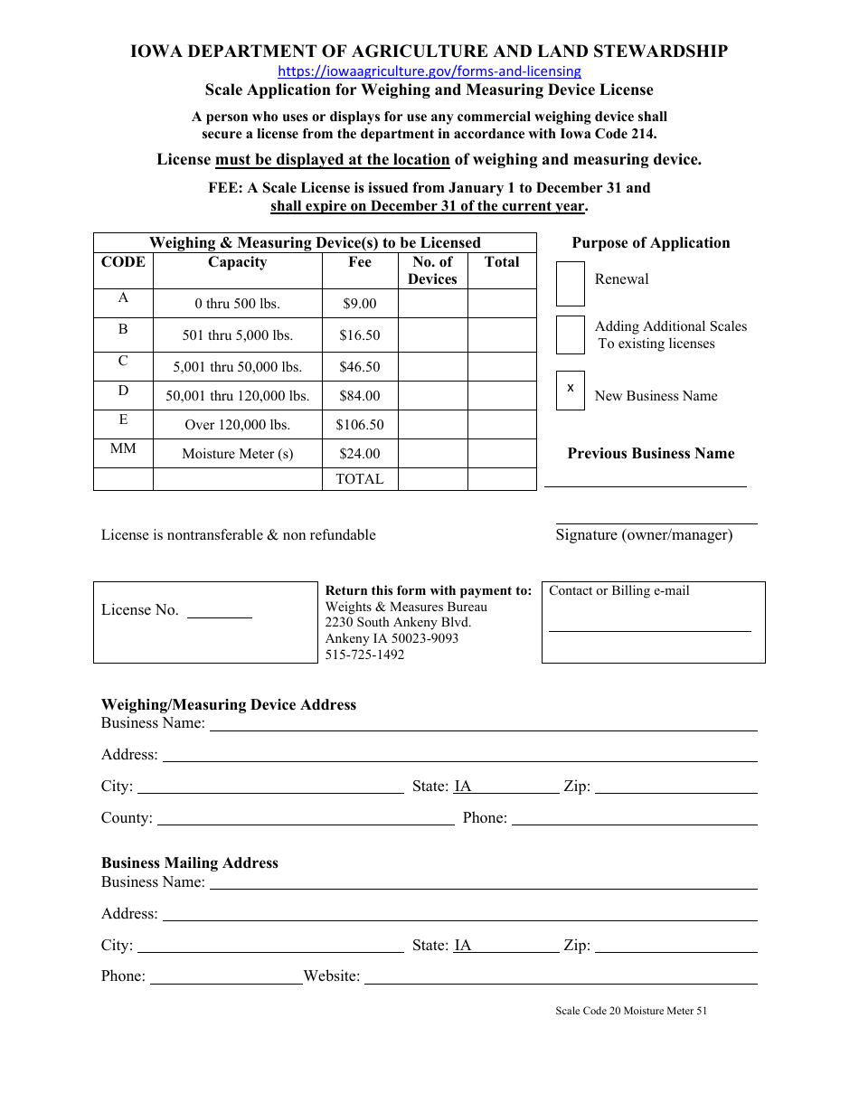 Scale Application for Weighing and Measuring Device License - Iowa, Page 1