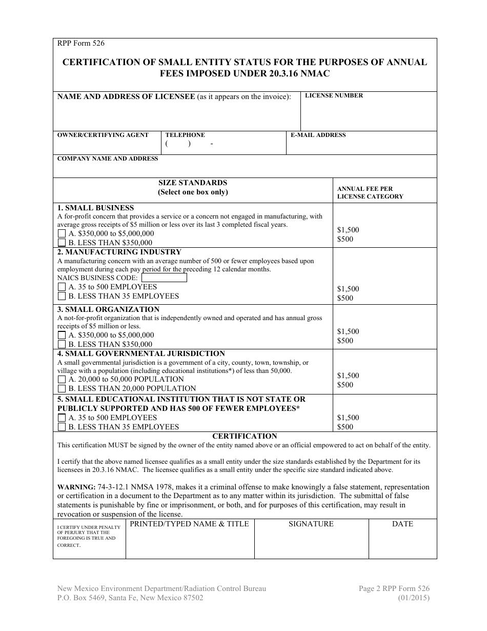 RPP Form 526 Certification of Small Entity Status for the Purposes of Annual Fees Imposed Under 20.3.16 Nmac - New Mexico, Page 2