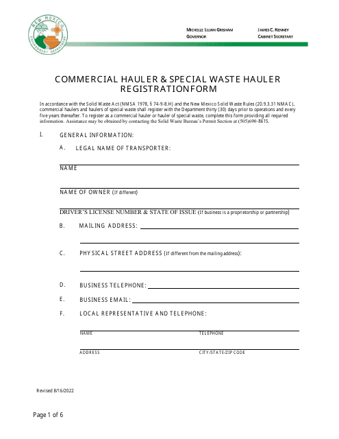 Commercial Hauler & Special Waste Hauler Registration Form - New Mexico Download Pdf