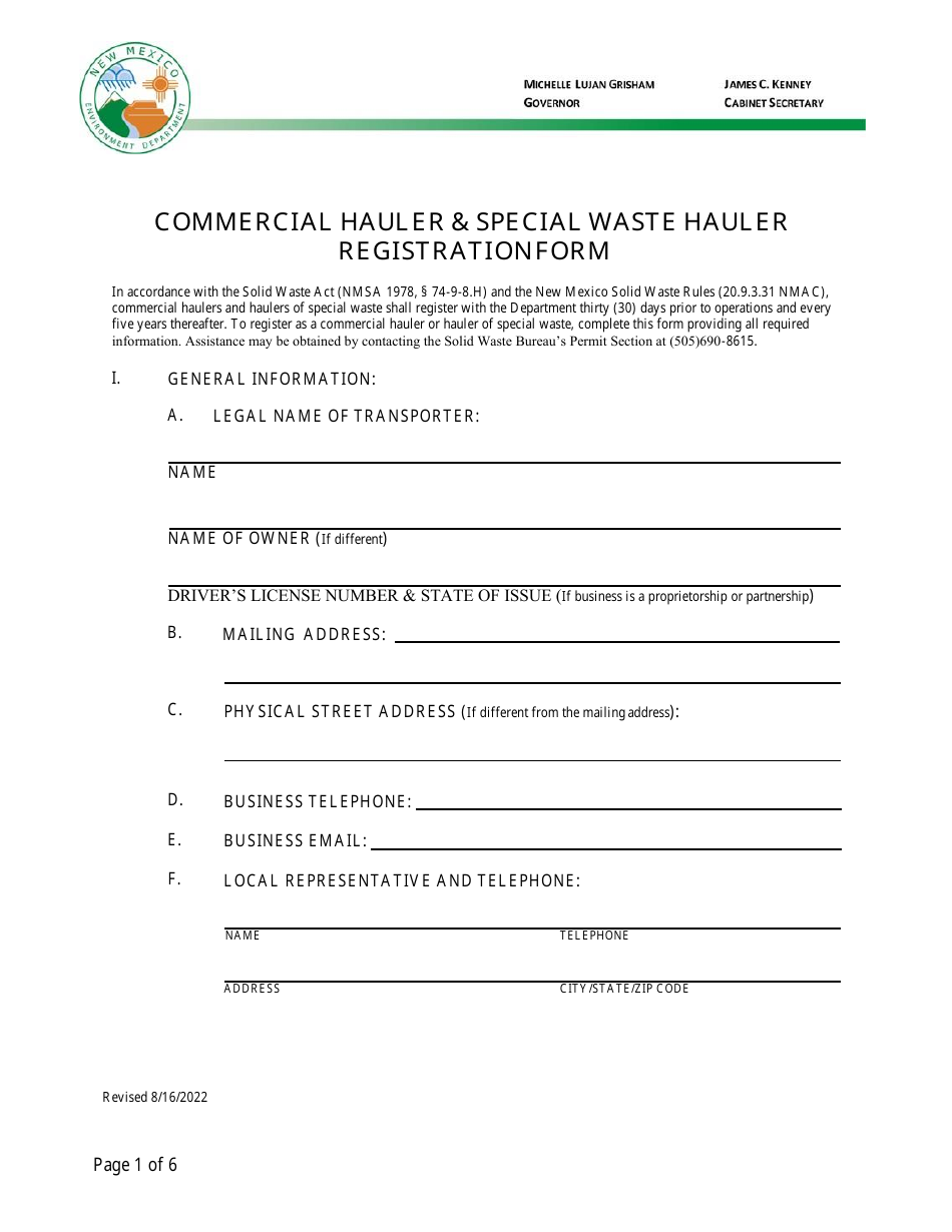 Commercial Hauler  Special Waste Hauler Registration Form - New Mexico, Page 1