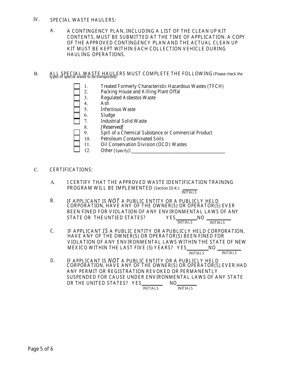 Commercial Hauler  Special Waste Hauler Registration Form - New Mexico, Page 5