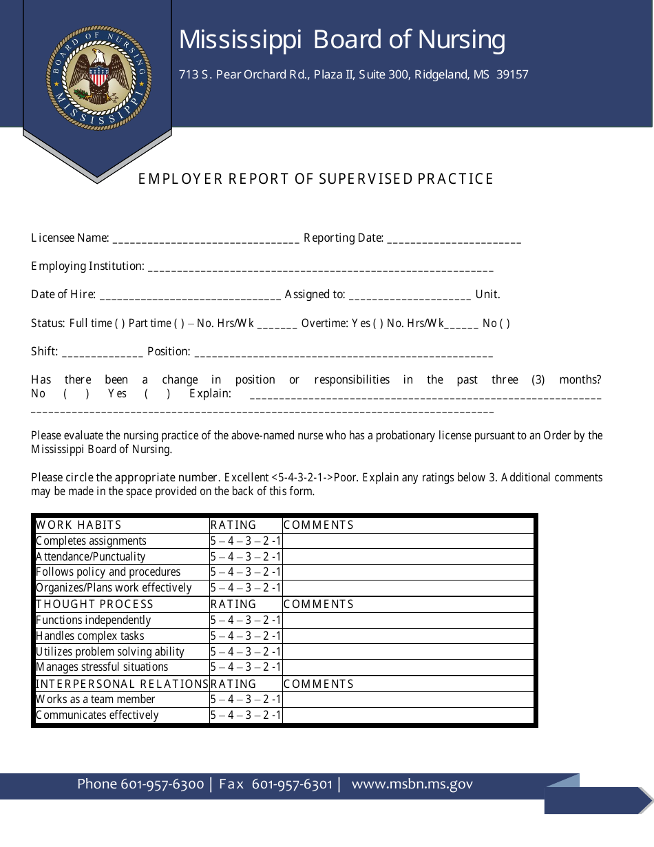 Employer Report of Supervised Practice - Mississippi, Page 1