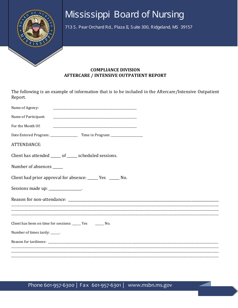 Aftercare / Intensive Outpatient Report - Mississippi, Page 1