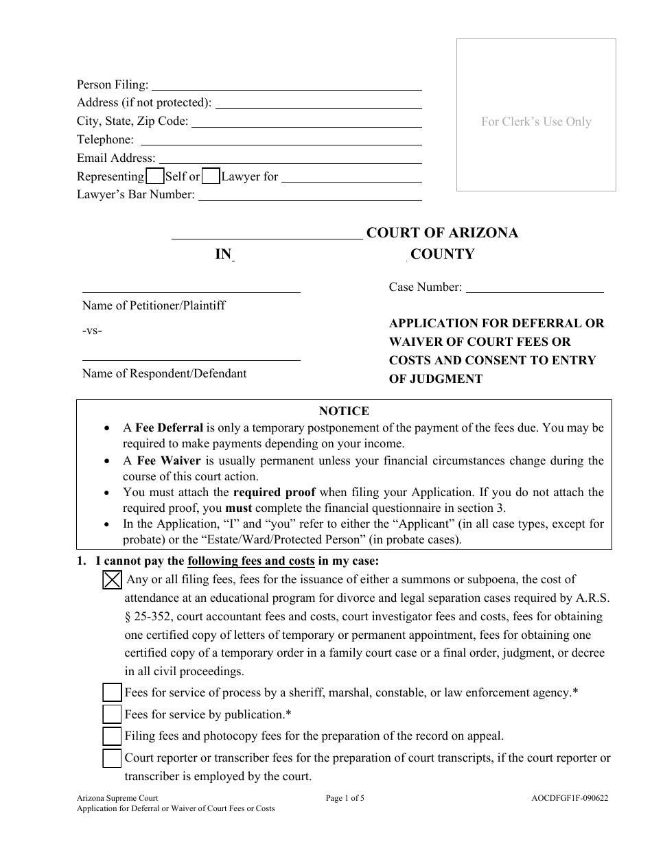 Form AOCDFGF1F Application for Deferral or Waiver of Court Fees or Costs and Consent to Entry of Judgment - Arizona, Page 1