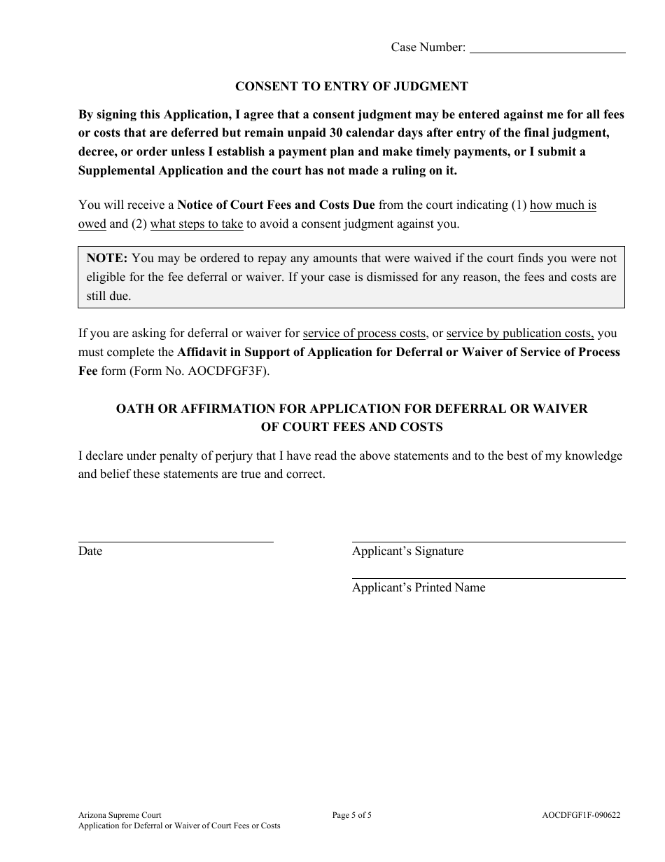 Form AOCDFGF1F Application for Deferral or Waiver of Court Fees or Costs and Consent to Entry of Judgment - Arizona, Page 5
