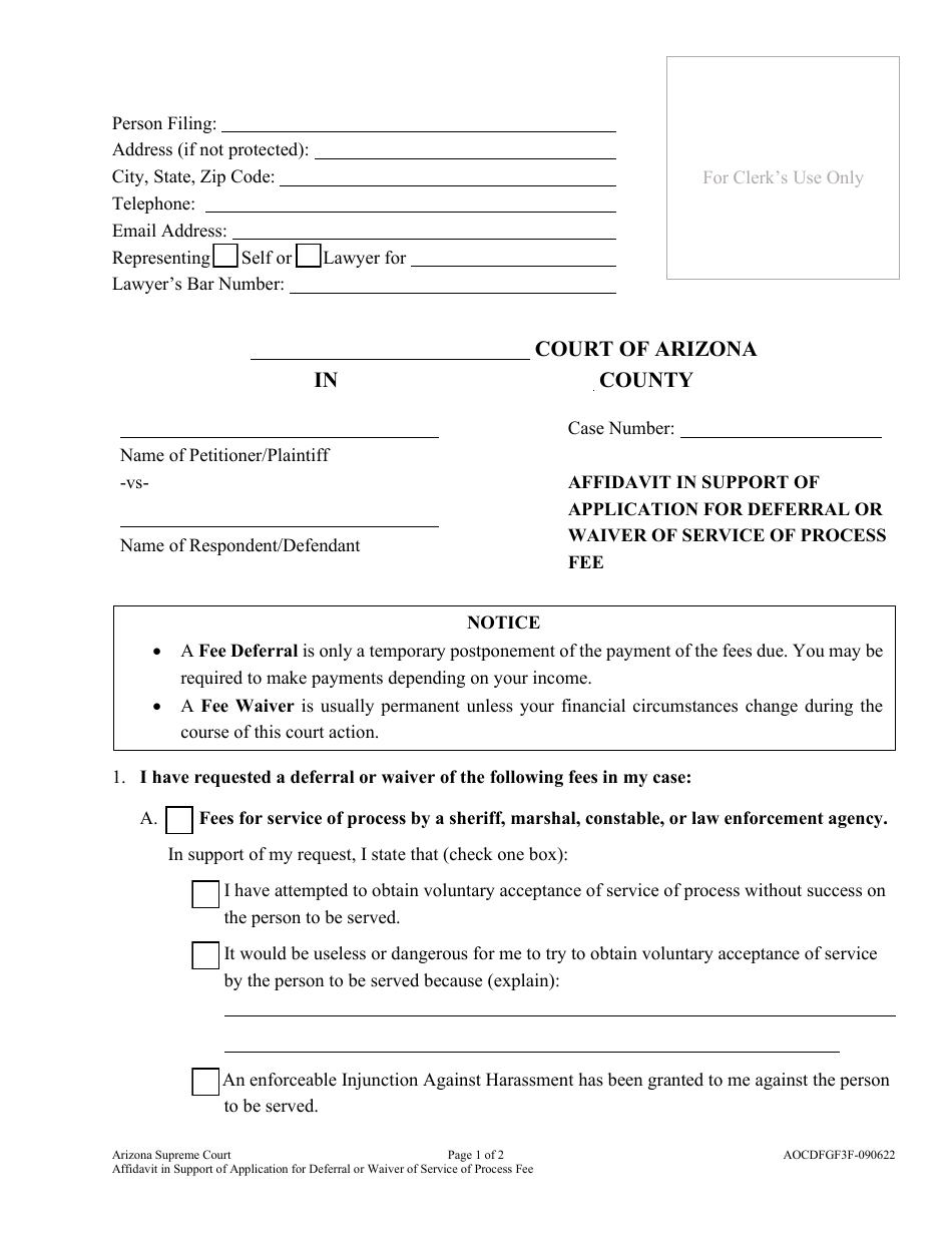 Form AOCDFGF3F Affidavit in Support of Application for Deferral or Waiver of Service of Process Fee - Arizona, Page 1