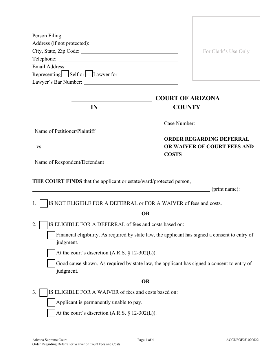 Form AOCDFGF2F Order Regarding Deferral or Waiver of Court Fees and Costs - Arizona, Page 1