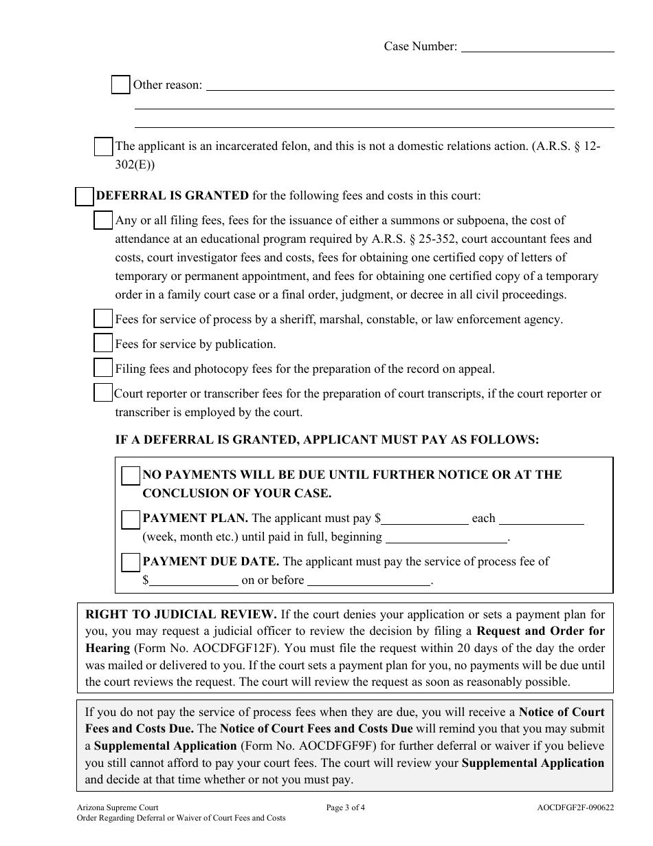 Form AOCDFGF2F Order Regarding Deferral or Waiver of Court Fees and Costs - Arizona, Page 3