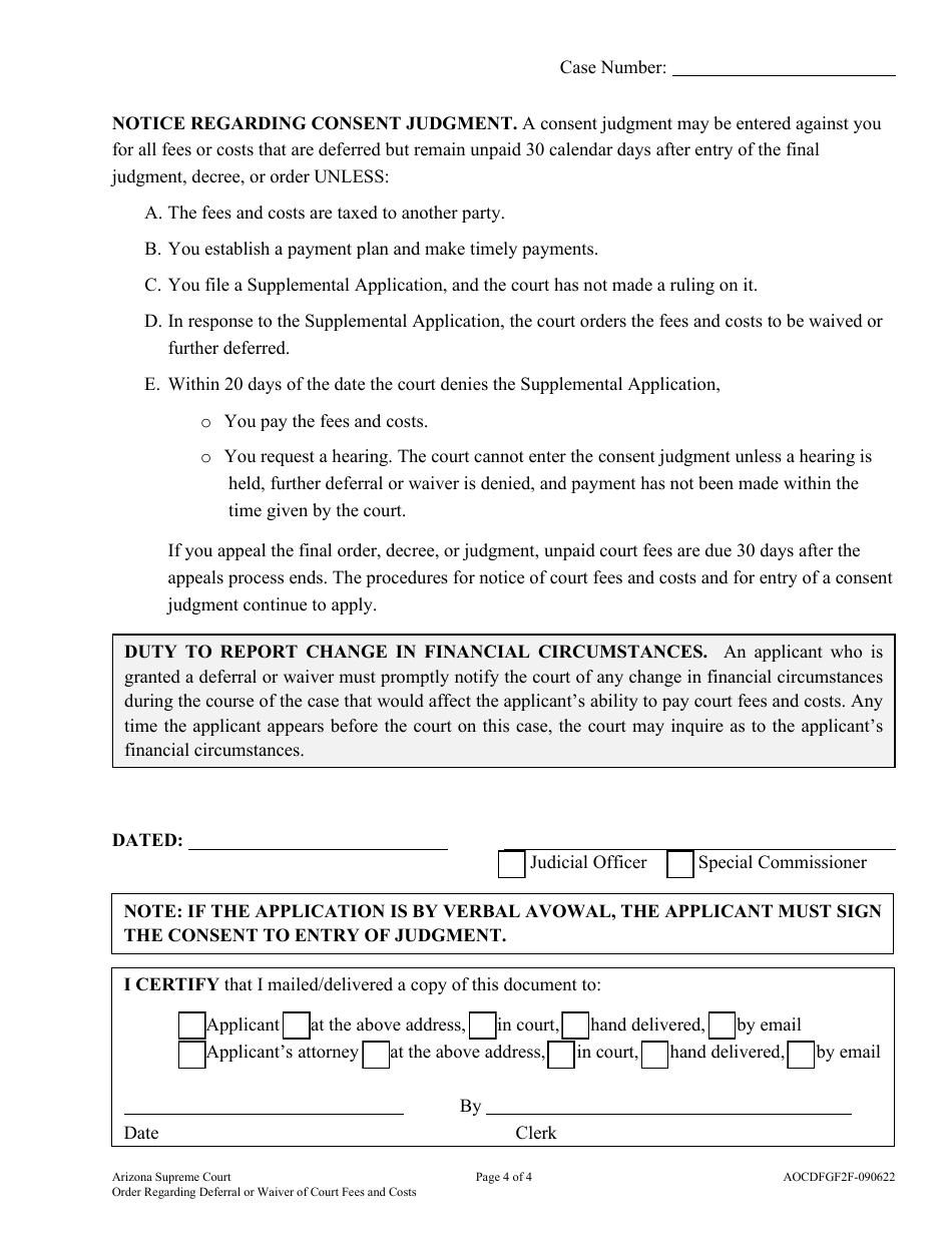 Form AOCDFGF2F Order Regarding Deferral or Waiver of Court Fees and Costs - Arizona, Page 4