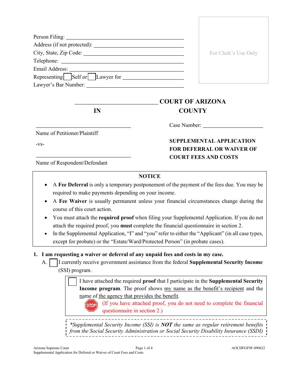 Form AOCDFGF9F Supplemental Application for Deferral or Waiver of Court Fees and Costs - Arizona, Page 1