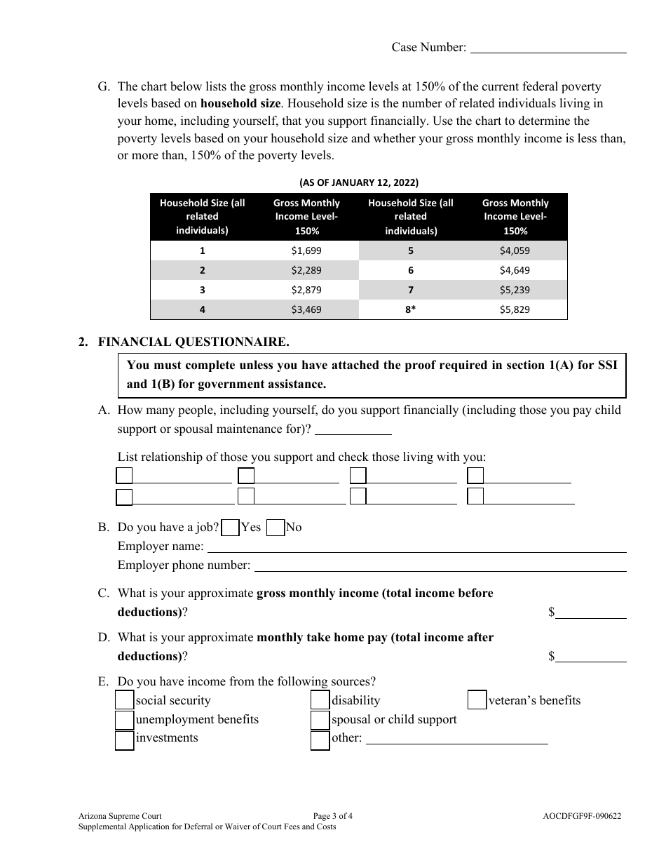 Form AOCDFGF9F Supplemental Application for Deferral or Waiver of Court Fees and Costs - Arizona, Page 3