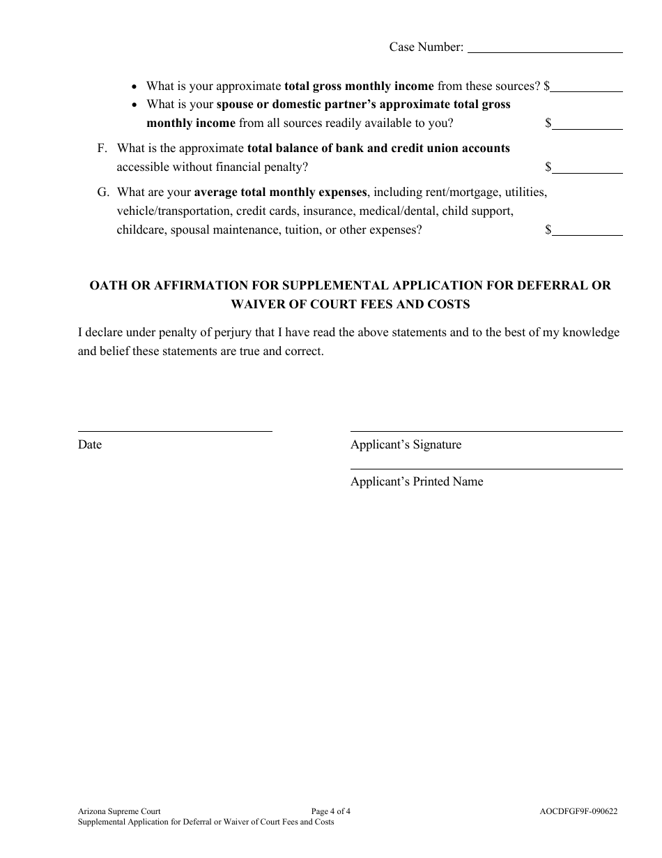 Form AOCDFGF9F Supplemental Application for Deferral or Waiver of Court Fees and Costs - Arizona, Page 4