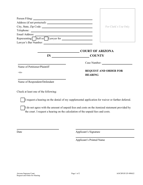 Form AOCDFGF12F Request and Order for Hearing - Arizona
