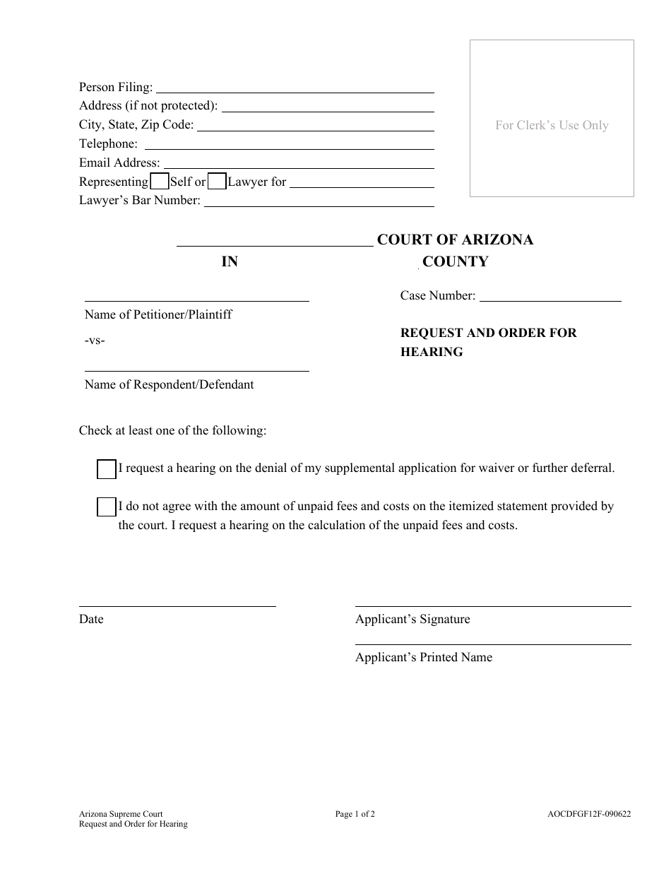 Form AOCDFGF12F Request and Order for Hearing - Arizona, Page 1