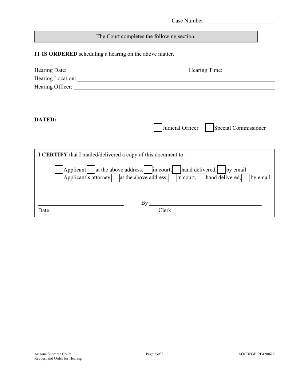Form AOCDFGF12F Request and Order for Hearing - Arizona, Page 2