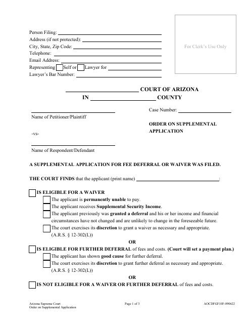 Form AOCDFGF10F Order on Supplemental Application - Arizona