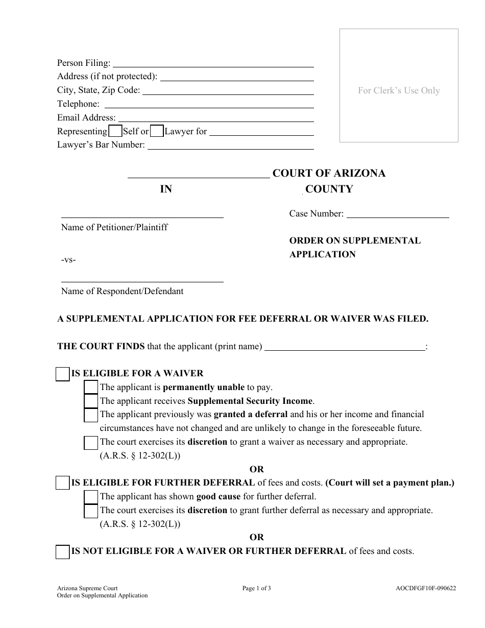 Form AOCDFGF10F Order on Supplemental Application - Arizona, Page 1