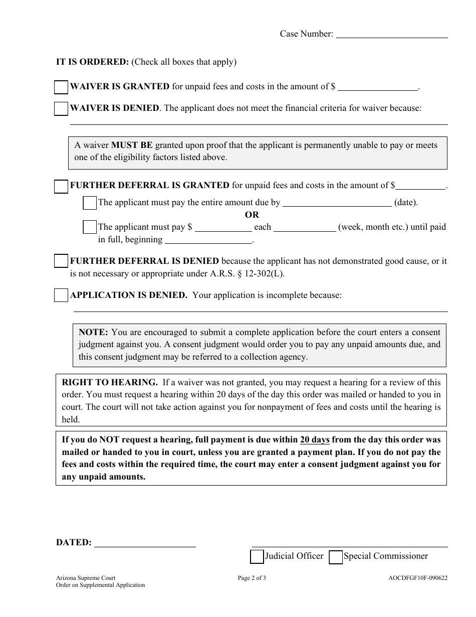 Form AOCDFGF10F Order on Supplemental Application - Arizona, Page 2