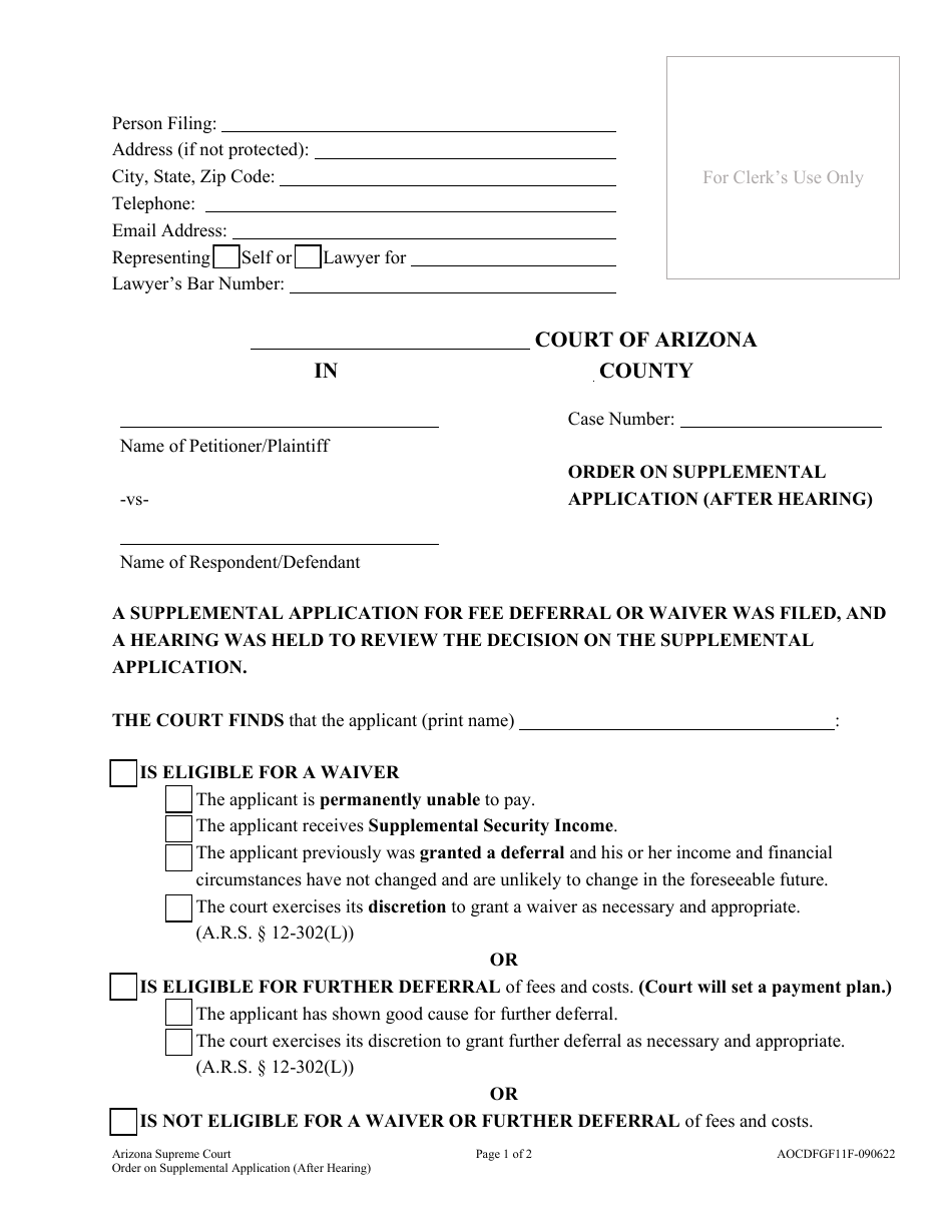 Form AOCDFGF11F Order on Supplemental Application (After Hearing) - Arizona, Page 1