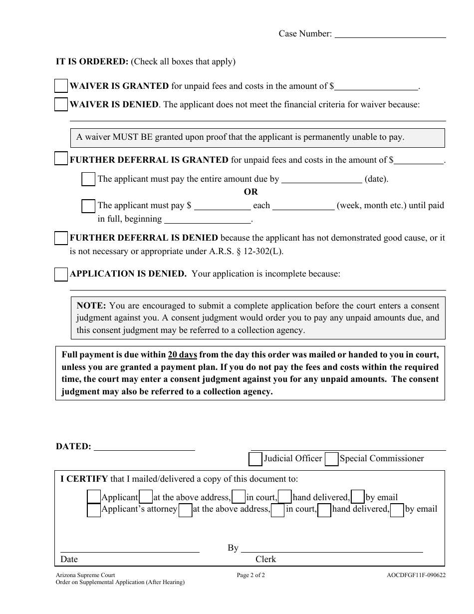 Form AOCDFGF11F Order on Supplemental Application (After Hearing) - Arizona, Page 2