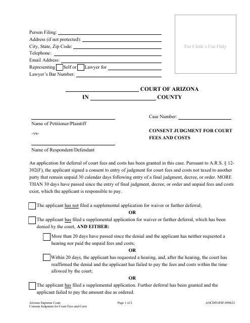 Form AOCDFGF8F Consent Judgment for Court Fees and Costs - Arizona