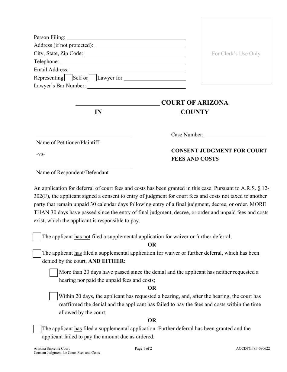 Form AOCDFGF8F Consent Judgment for Court Fees and Costs - Arizona, Page 1