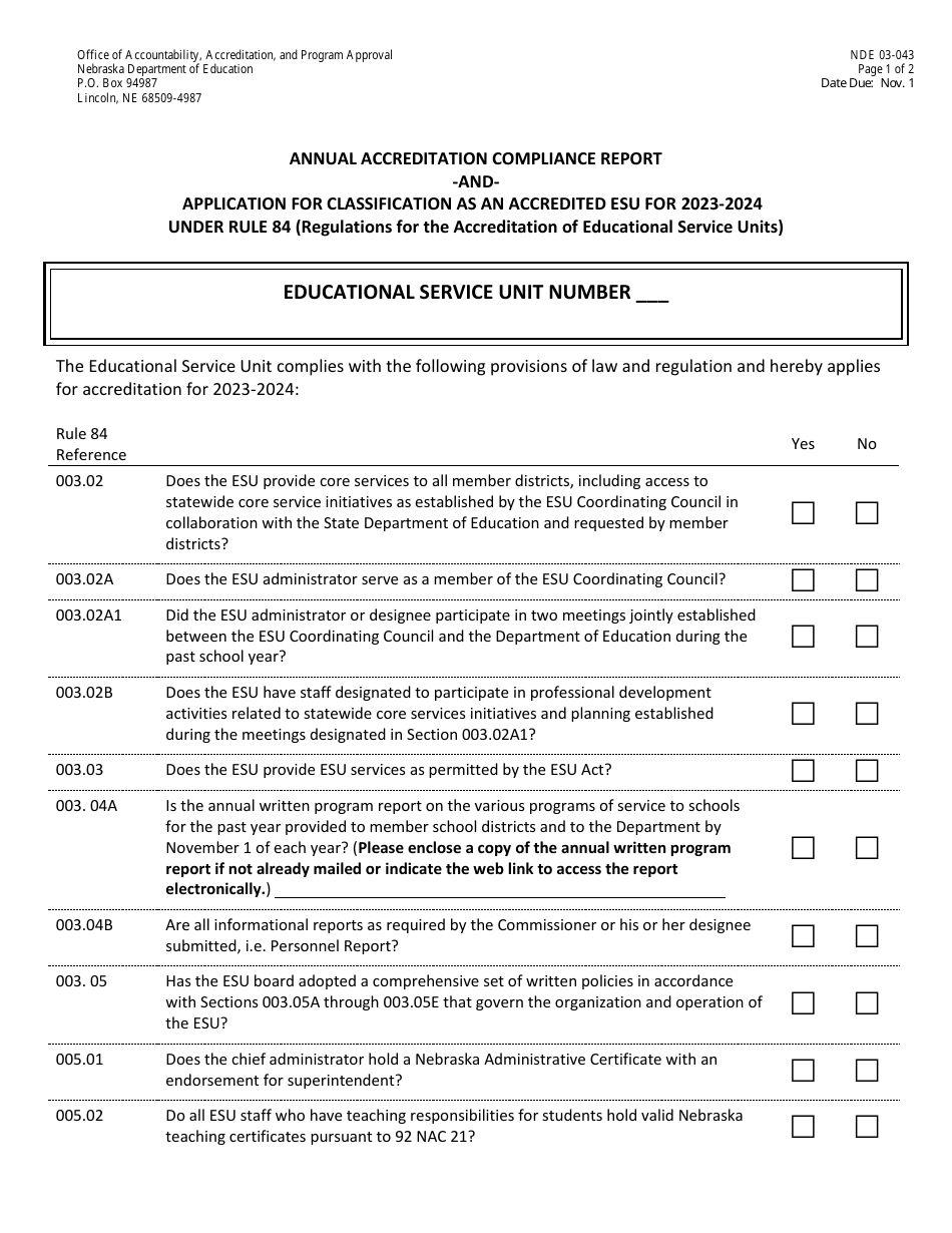 Form NDE03-043 Annual Accreditation Compliance Report and Application for Classification as an Accredited Esu - Nebraska, Page 1
